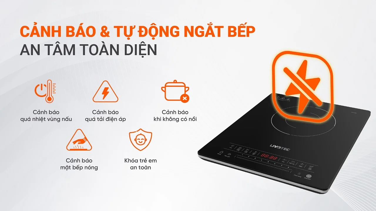  tự động cảnh báo và ngắt bếp khi trên bếp không có nồi