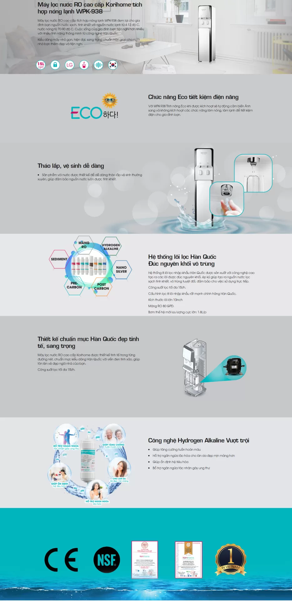 Máy lọc nước nóng lạnh Korihome WPK-938