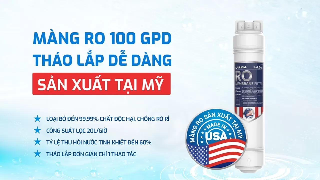 Màng RO 100 GPD sản xuất tại Mỹ có khả năng loại bỏ đến 99,99% chất độc hại trong nước