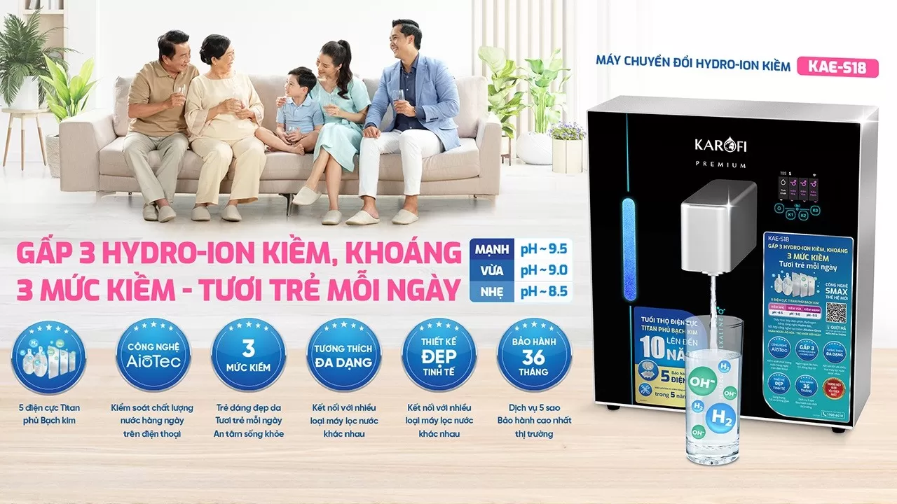 Máy chuyển đổi Hydro-ion kiềm Karofi KAE-S18 tăng gấp 3 lượng Hydro-ion và khoáng chất