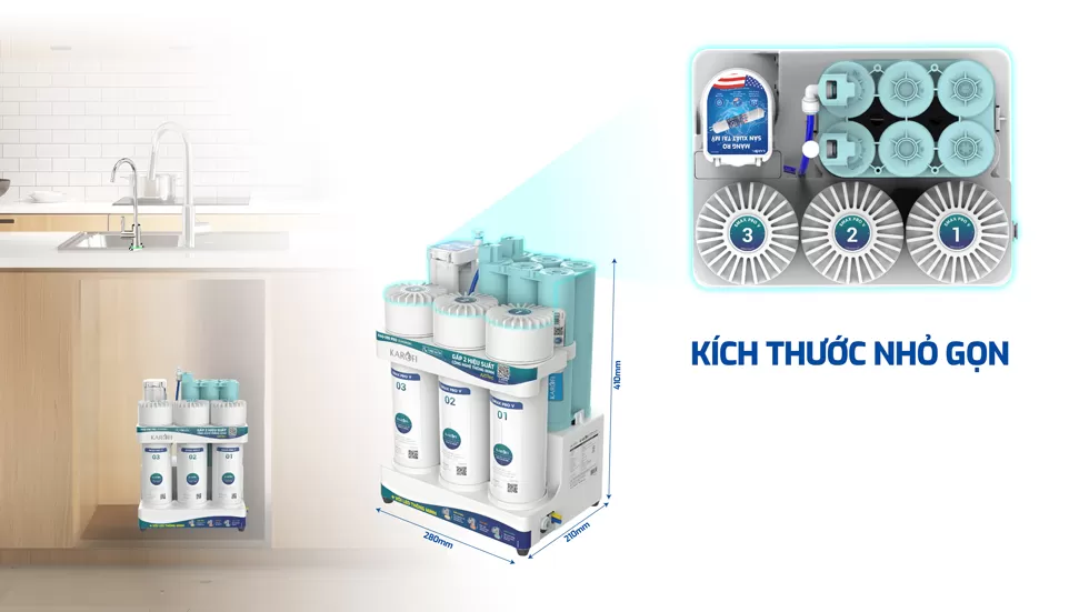 Karofi KAQ-U95 Pro sở hữu thiết kế nhỏ gọn, không chỉ tối ưu diện tích mà còn tăng tuổi thọ cho máy