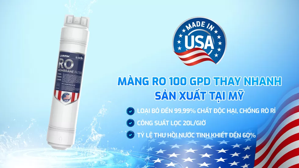 Màng RO 100 GPD sản xuất tại Mỹ có khả năng loại bỏ đến 99,99% chất độc hại trong nước