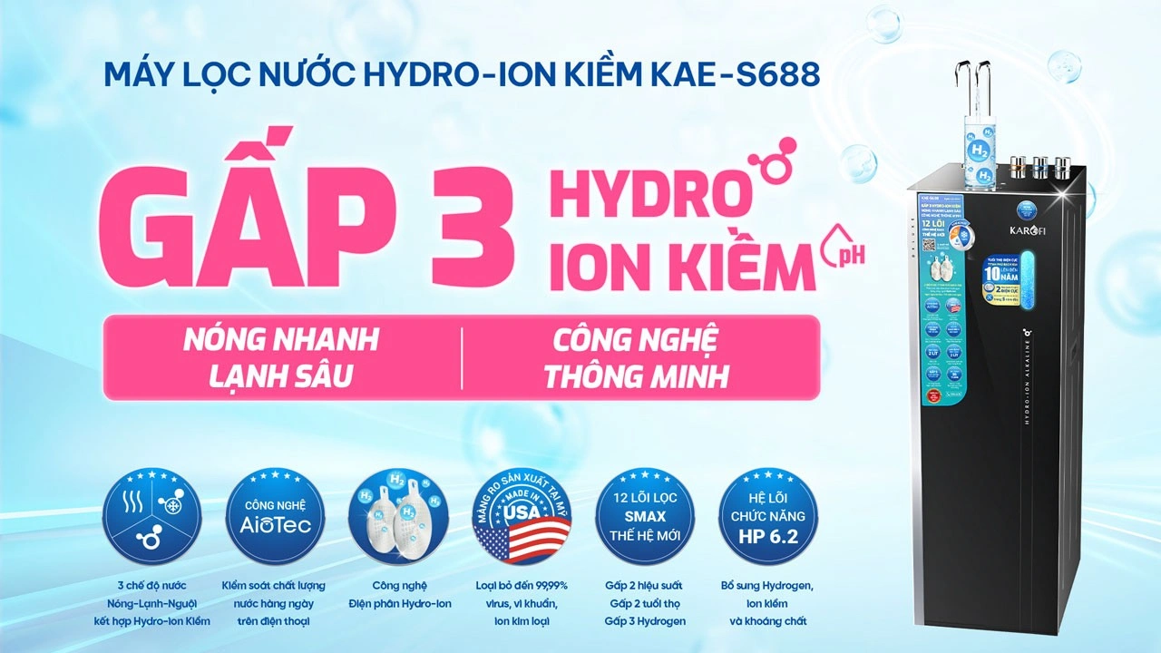 M&aacute;y lọc nước Hydro-ion kiềm n&oacute;ng lạnh Karofi KAE-S688