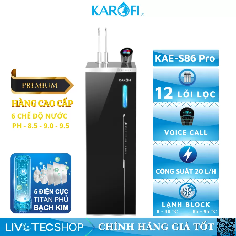 Máy lọc nước nóng lạnh Hydro-ion kiềm Karofi KAE-S86 PRO