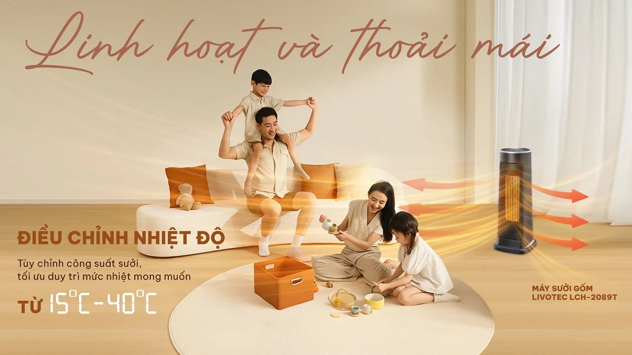 M&aacute;y sưởi gốm Livotec LCH-1597D Điều chỉnh nhiệt độ 15&ndash;40&deg;C